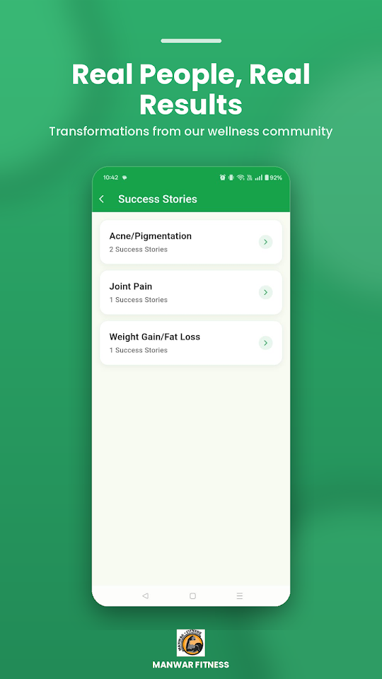 Manwar Fitness app screen: Success stories
